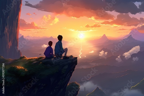 Two friends sitting on a cliff and looking at the mountains and the sunset, fantasy, anime - generative ai