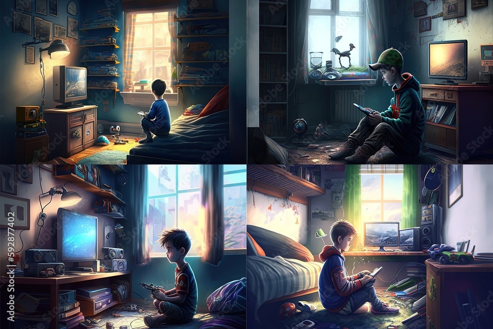 Collage Boy plays video games. Stylized, colorful, hobby, child. gadgets. Illustration. AI Collage Boy plays video games. Stylized, colorful, hobby, child. gadgets. Illustration. AI