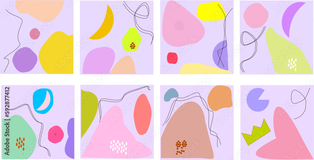 A set of eight abstract backgrounds. Pastel color. Hands drawn various shapes and doodle objects. Contemparary modern trendy vector illustrations. Each background is isolated.