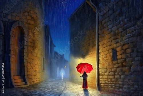 Woman holding umbrella standing alone in abandoned city on a rainy winter night, fantasy, anime - generative ai  © Infinite Shoreline