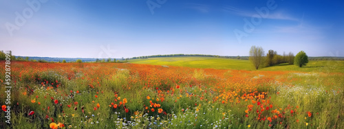 panorama with blooming spring flowers in field meadow against blue sky in summer. Generative AI illustration