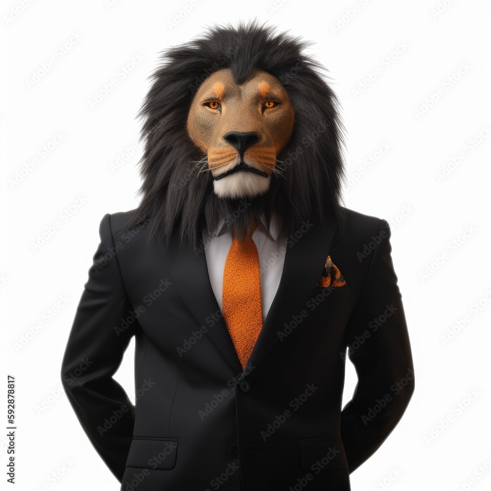 Lion in a formal business suit, an animal in human clothes, in front of a white background. Generative AI