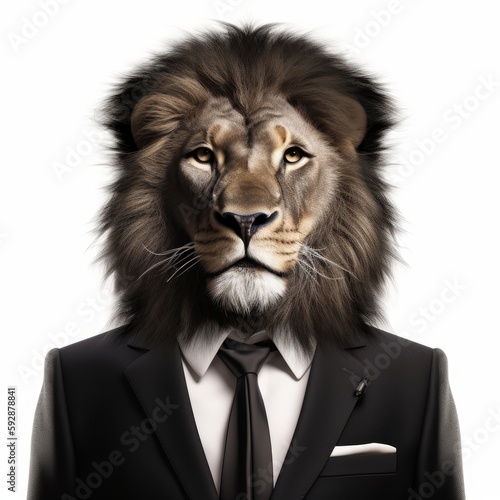 Lion in a formal business suit  an animal in human clothes  in front of a white background. Generative AI