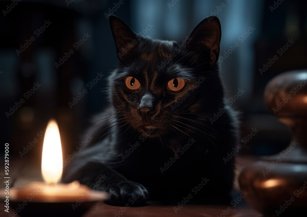 A Black Cat in a Candlelit Room. Generative AI. 