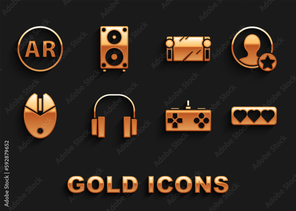 Set Headphones, Premium create account screen, Like and heart, Gamepad, Computer mouse gaming, Portable video game console, Ar, augmented reality and Stereo speaker icon. Vector Set Headphones, Premium create account screen, Like and heart, Gamepad, Computer mouse gaming, Portable video game console, Ar, augmented reality and Stereo speaker icon. Vector