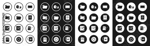 Set Laptop, Document folder, Folder settings with gears, User manual, Scotch, Blank notebook and pencil eraser and icon. Vector