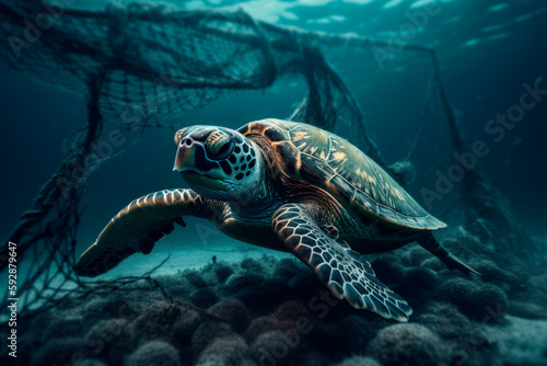 Sea Turtle on polluted reef with ropes and nets underwater. Generative AI