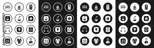 Set Medical thermometer, Plant breeding, Test tube and flask, Fire flame, on fire, Chemistry report and icon. Vector
