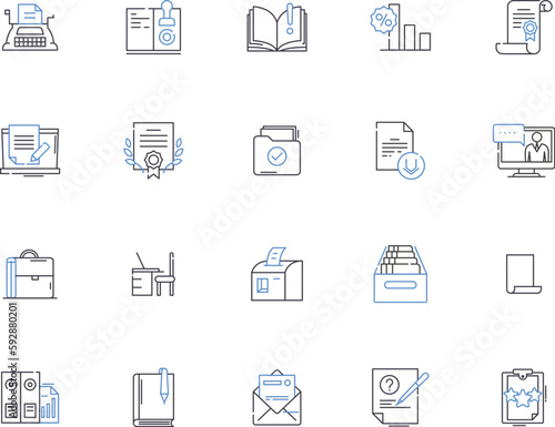 Business office outline icons collection. Office, Business, Building, Desk, Suite, Chair, Computer vector and illustration concept set. Furniture, Printer, Meeting linear signs