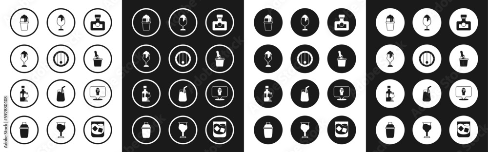Set Alcohol drink Rum, Wooden barrel, Glass of beer, Champagne an ice bucket, or location and Wine bottle with glass icon. Vector Set Alcohol drink Rum, Wooden barrel, Glass of beer, Champagne an ice bucket, or location and Wine bottle with glass icon. Vector