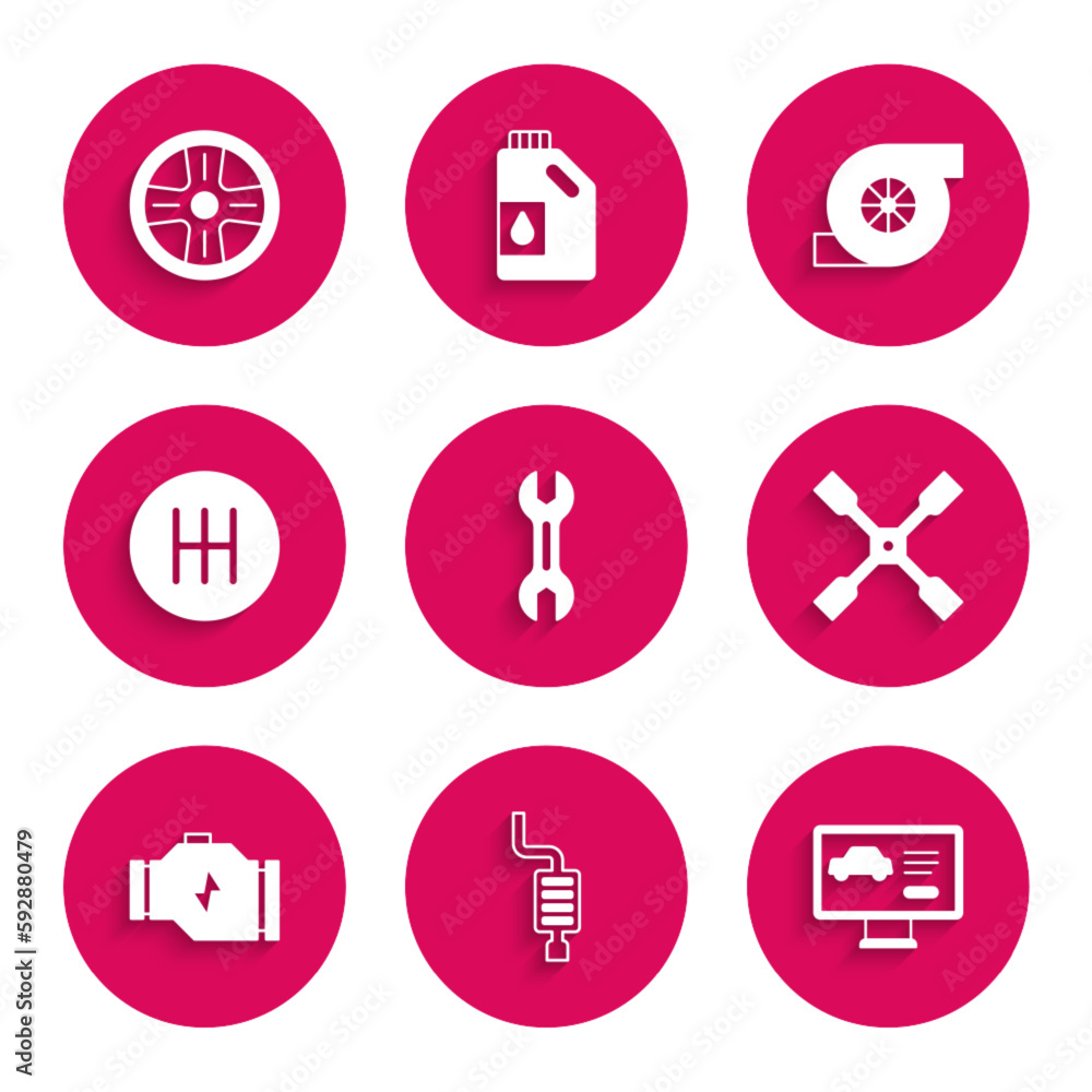 Set Wrench spanner, Car muffler, Diagnostics condition of car, Wheel wrench, Check engine, Gear shifter, Automotive turbocharger and Alloy wheel icon. Vector Set Wrench spanner, Car muffler, Diagnostics condition of car, Wheel wrench, Check engine, Gear shifter, Automotive turbocharger and Alloy wheel icon. Vector