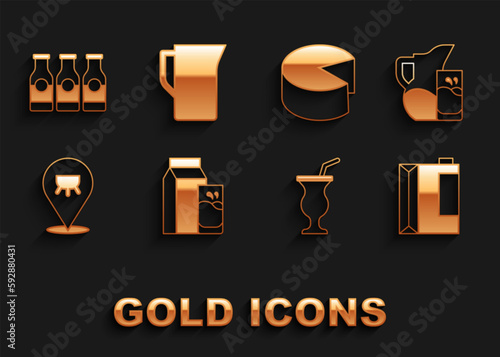 Set Paper package for kefir, Milk jug pitcher and glass, Milkshake, Udder, Cheese, Bottle with milk and icon. Vector