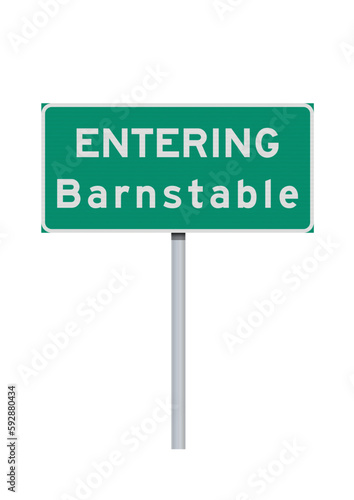 Vector illustration of the Barnstable (Massachusetts) entering green road sign on metallic post