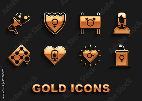 Set Heart with female, Female, Debate podium rostrum, Feminism, Packaging of birth control pills, Feminist activist, and Gender shield, icon. Vector