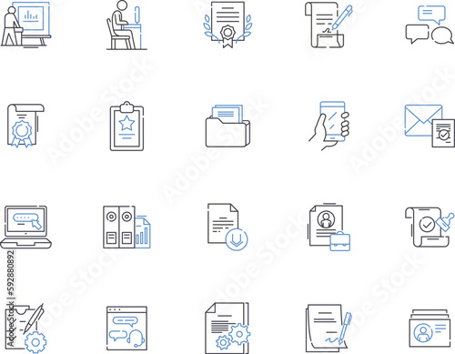 Text and copywriting outline icons collection. Texting, Copywriting, Editing, Proofreading, Storytelling, Publishing, Content vector and illustration concept set. Copyediting,Creative,Marketing linear