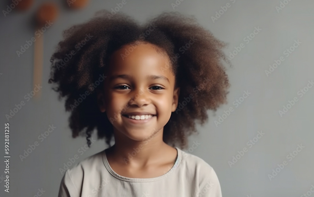 Dark-skinned black african american girl smiling portrait at home. Happy child. Cute kid. Generative AI Dark-skinned black african american girl smiling portrait at home. Happy child. Cute kid. Generative AI