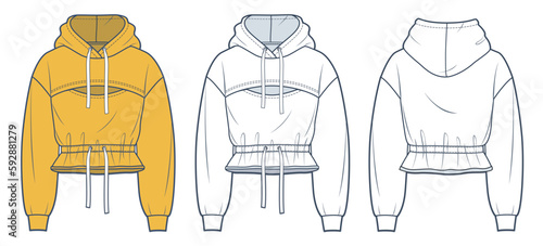 Cropped Hoodie technical fashion illustration. Hooded Sweatshirt fashion flat technical drawing template, front and back view, white, yellow color, women, men, unisex CAD mockup set.