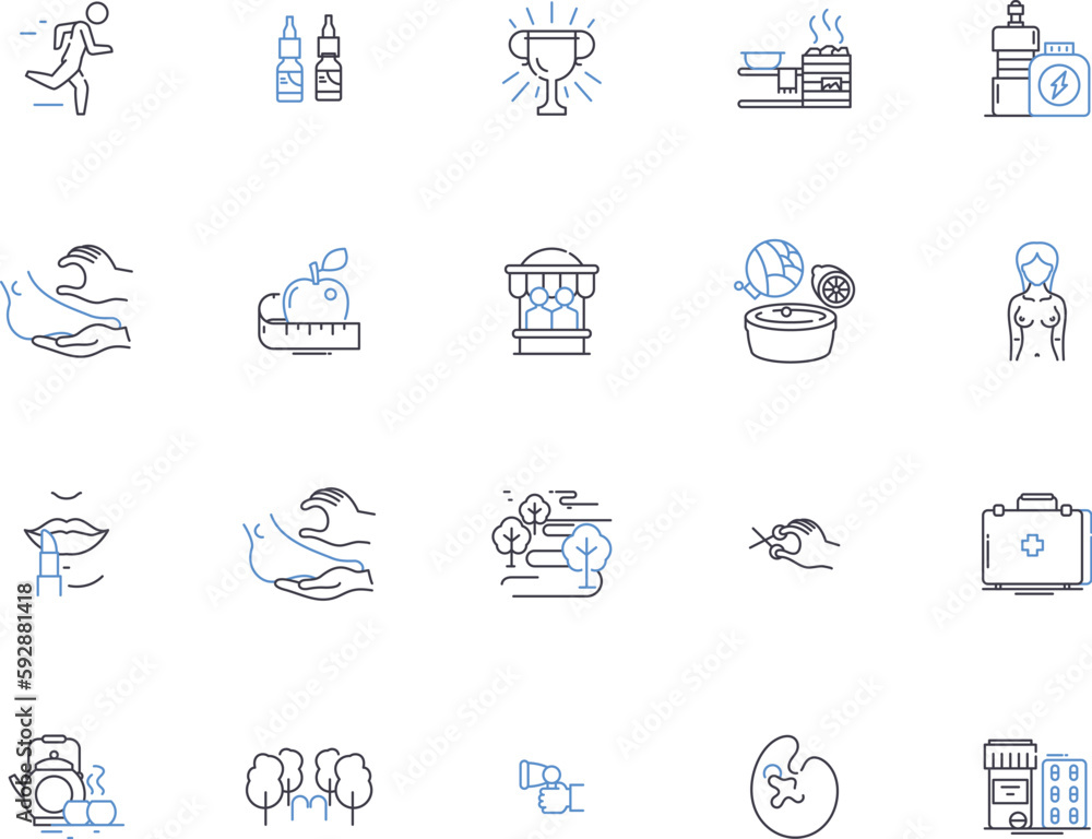 Alternative medicine outline icons collection. Holistic, Naturopathy, Acupuncture, Aromatherapy, Homeopathy, Herbalism, Ayurveda vector and illustration concept set. Reiki, Feng-Shui, Yoga linear