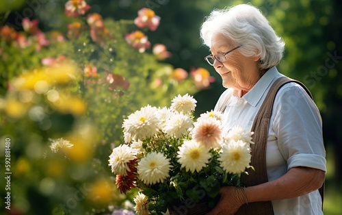 Senior woman taking care of flowers in a garden. Full, happy, and healthy senior live concept. Generative AI
