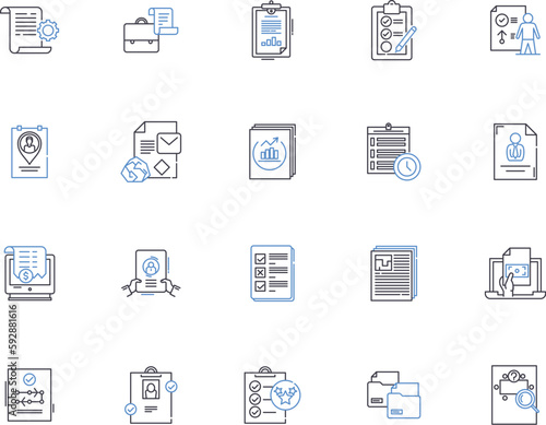 Documents outline icons collection. Files, Records, Papers, Forms, Certificates, Contracts, Letters vector and illustration concept set. Memos, Reports, Specifications linear signs