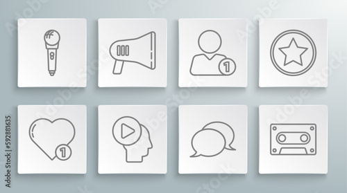 Set line Like and heart, Megaphone, Head people with play button, Speech bubble chat, Retro audio cassette tape, Add friend, Star and Microphone icon. Vector