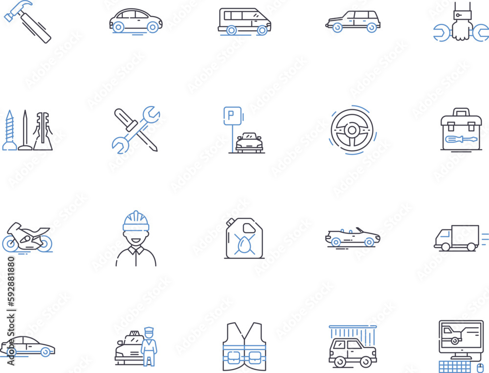 Car service outline icons collection. Maintenance, Garages, Oil-change, Parts, Repairs, Window-tint, Detailing vector and illustration concept set. Wheels, Brakes, Diagnostic linear signs Car service outline icons collection. Maintenance, Garages, Oil-change, Parts, Repairs, Window-tint, Detailing vector and illustration concept set. Wheels, Brakes, Diagnostic linear signs