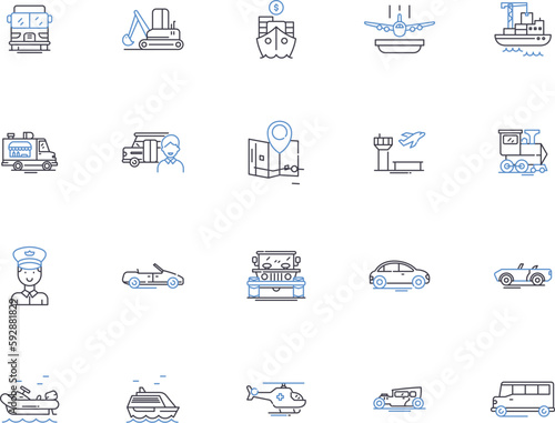 Transportation outline icons collection. Train, Bus, Plane, Taxi, Ferry, Boat, Automobile vector and illustration concept set. Motorcycle, Scooter, Bicycle linear signs