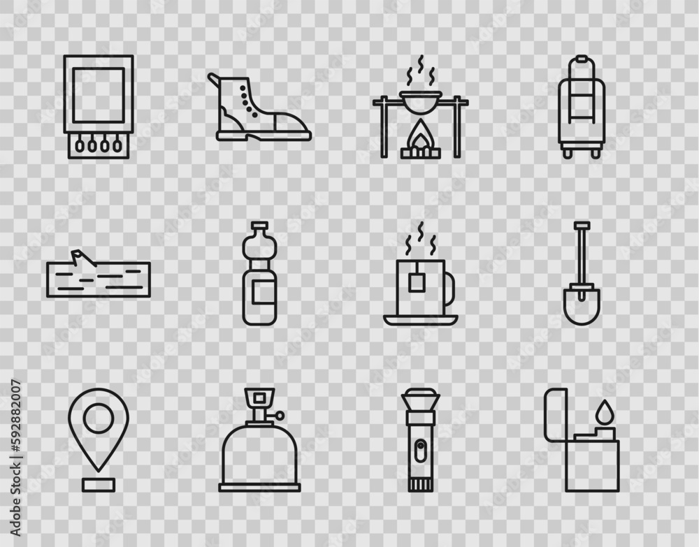 Set line Location, Lighter, Campfire and pot, Camping gas stove, Open matchbox matches, Bottle of water, Flashlight and Shovel icon. Vector Set line Location, Lighter, Campfire and pot, Camping gas stove, Open matchbox matches, Bottle of water, Flashlight and Shovel icon. Vector