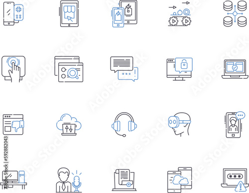 Computer technology outline icons collection. Computer, Technology, Networking, Software, Programming, Hardware, AI vector and illustration concept set. Internet, Security, Cloud linear signs