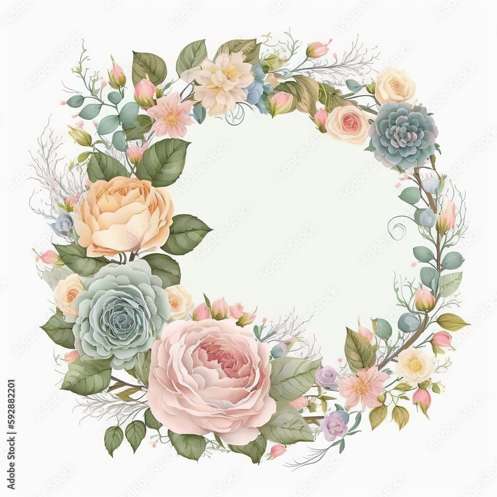 Water Color Pastel Flower and bloom, Wedding decorative perfect circle frame border, AI Genrative 