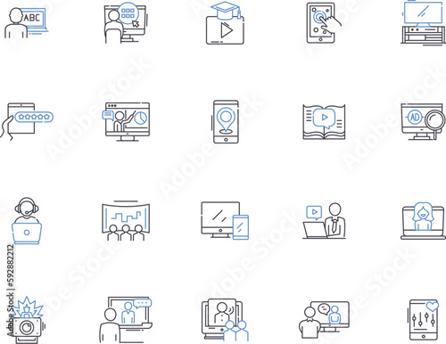 Movie outline icons collection. Film, Cinema, Show, Flick, Reel, Project, Viewing vector and illustration concept set. Screening, Spectacle, Drama linear signs