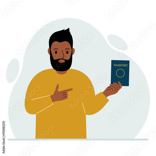 A man holds a passport in his hand for verification. The concept of user control.