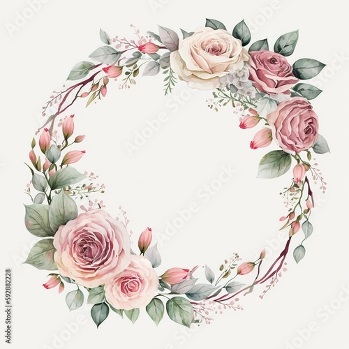 Water Color Pastel Flower and bloom, Wedding decorative perfect circle frame border, AI Genrative 