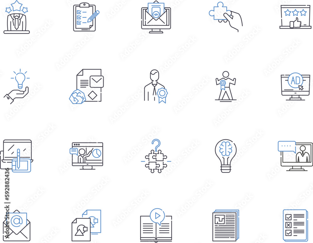 Marketing plan outline icons collection. Strategy, Tools, Budget, Promotion, Research, Analysis, Objectives vector and illustration concept set. Audience, Goals, Execution linear signs Marketing plan outline icons collection. Strategy, Tools, Budget, Promotion, Research, Analysis, Objectives vector and illustration concept set. Audience, Goals, Execution linear signs
