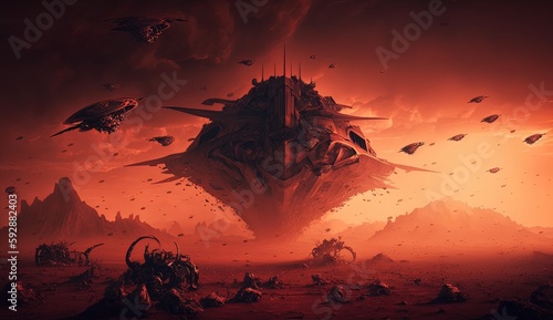 Leinwand Poster A swarm of alien spacecraft descending generative ai