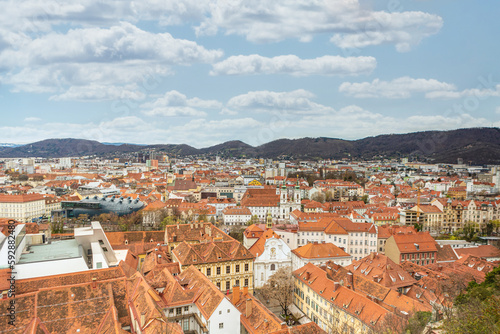Cityscape rooftop view over Graz city, austria, in early spring in april