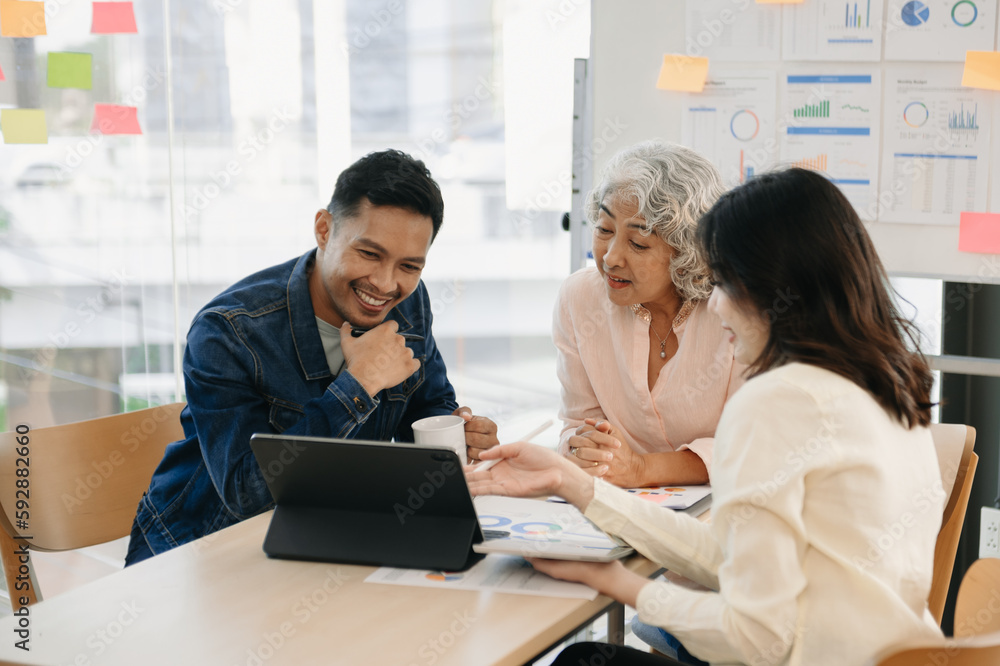 Fototapeta premium Profile side view of three nice classy elegant stylish trendy beautiful handsome executive managers discussing department development in loft industrial interior