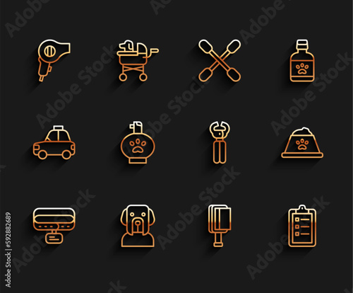 Set line Collar with name tag, Dog, Hair dryer, brush for dog and cat, Grooming salon price list, Pet shampoo, food bowl and nail clippers icon. Vector
