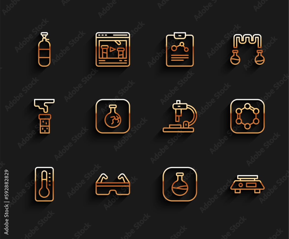 Set line Medical thermometer, Safety goggle glasses, Propane gas tank, Test tube and flask, Electronic scales, Cracked, Formula of benzene rings and Microscope icon. Vector Set line Medical thermometer, Safety goggle glasses, Propane gas tank, Test tube and flask, Electronic scales, Cracked, Formula of benzene rings and Microscope icon. Vector