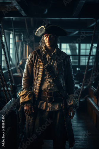 portrait of medieval pirate in costume and hat on deck of a ship. Generative AI
