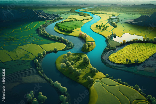 Top-down view of lush green agricultural land with a winding river, captured from a drone, showing the beauty of nature's landscape, Generative Ai