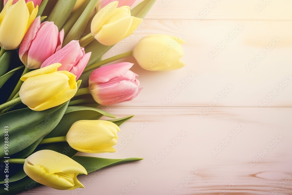 Obraz premium Bouquet of pastel color tulips on a wooden background with copy space. Beautiful frame composition of spring flowers. Mother's Day background, Generative AI