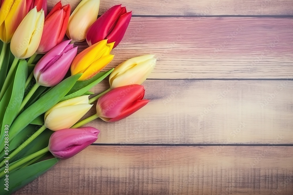 Bouquet of pastel color tulips on a wooden background with copy space. Beautiful frame composition of spring flowers. Mother's Day background, Generative AI Bouquet of pastel color tulips on a wooden background with copy space. Beautiful frame composition of spring flowers. Mother's Day background, Generative AI