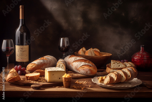 italian bread and wine on a wooden table. ai generative