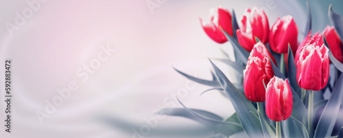 Tulip flowers bunch. Blooming Pink tulips flower background. Wide screen design of Tulip border closeup. Holiday gift, bouquet, buds. Beautiful flowers. Valentine's Day gift, love concept. 