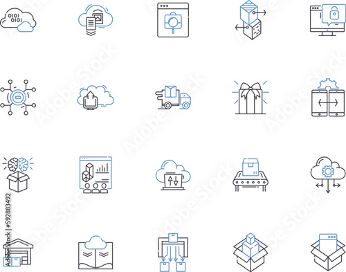 Storage outline icons collection. Storage, Space, Container, Rack, Cabinet, Unit, Bin vector and illustration concept set. Box, Trunk, Repository linear signs