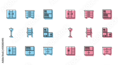 Set line Wardrobe, Library bookshelf, Furniture nightstand, Chair, Shelf with, Floor lamp and icon. Vector