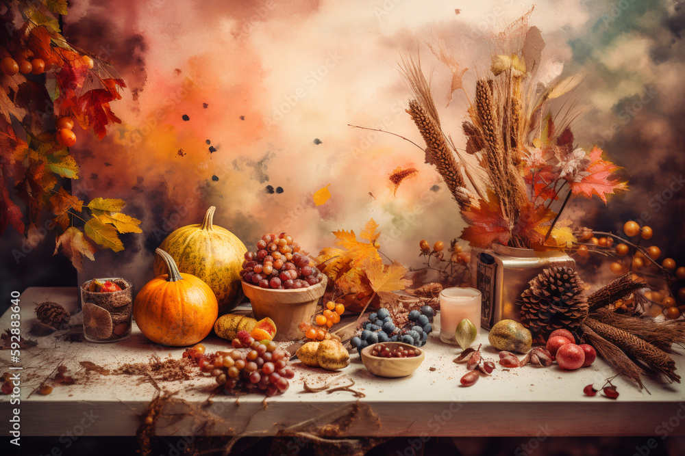 Decorating an autumn table in a rustic style with your own hands. Floral interior decor for the autumn holidays with handmade pumpkins.ai generative
