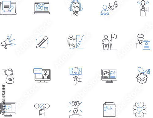 Public and government relations outline icons collection. Public, Government, Relations, & Political, Affairs, Engagement, Advocacy vector and illustration concept set. Publicity, Reputation