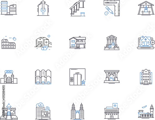 Urban design outline icons collection. Urban, Design, Streetscape, Planning, Landscape, Architecture, Infrastructure vector and illustration concept set. Facade, Community, Civic linear signs